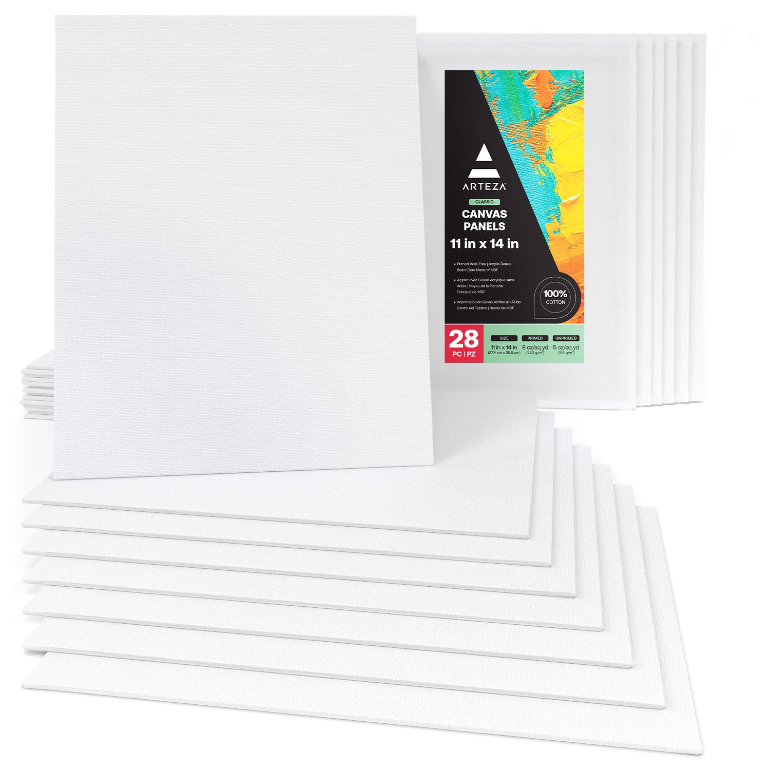Arteza 11x14 White Blank Canvas Panels Boards, Bulk Pack of 28, Primed, 100% Cotton for Acrylic